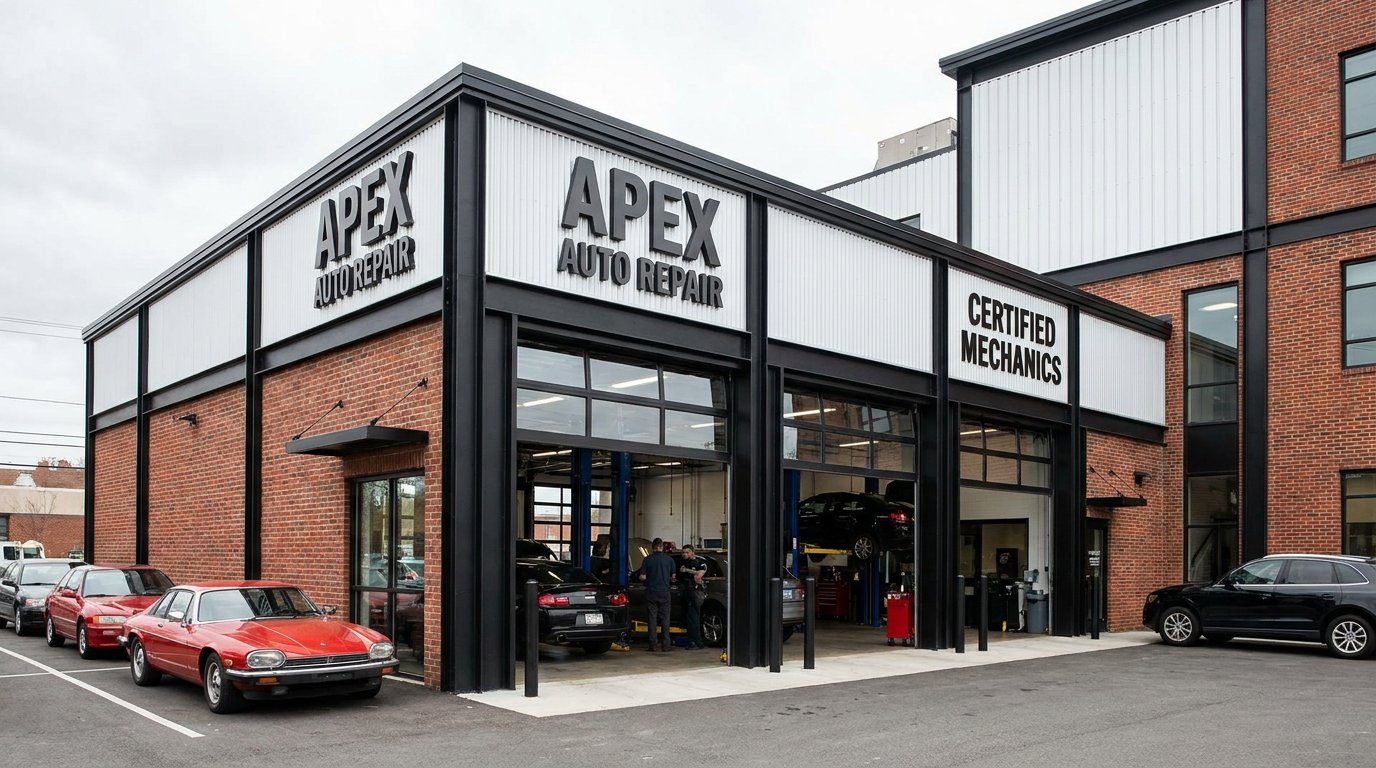 professional car mechanic workshop exterior, red black and white architecture, realistic editorial photo