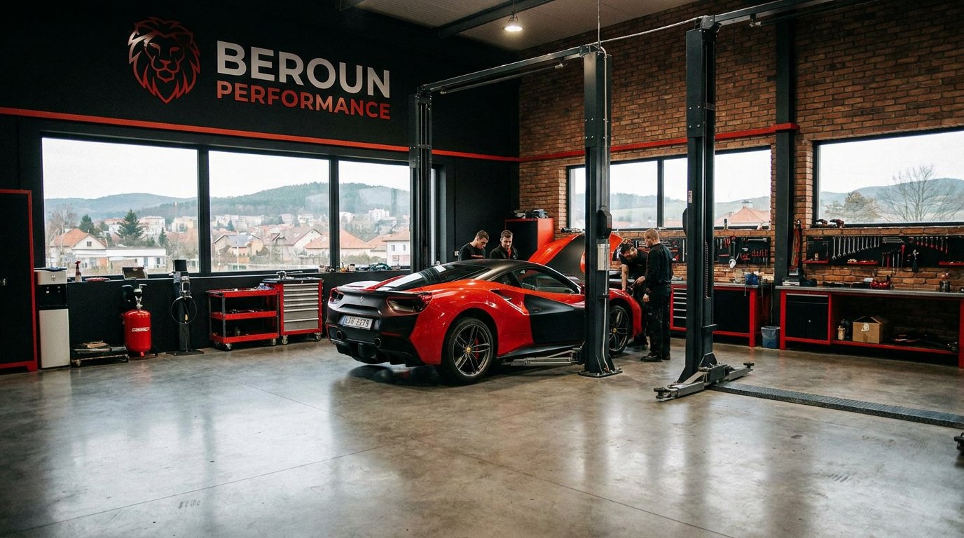 modern automotive repair workshop in Beroun, black and red brand colors, sports car on lift, cinematic realistic photography