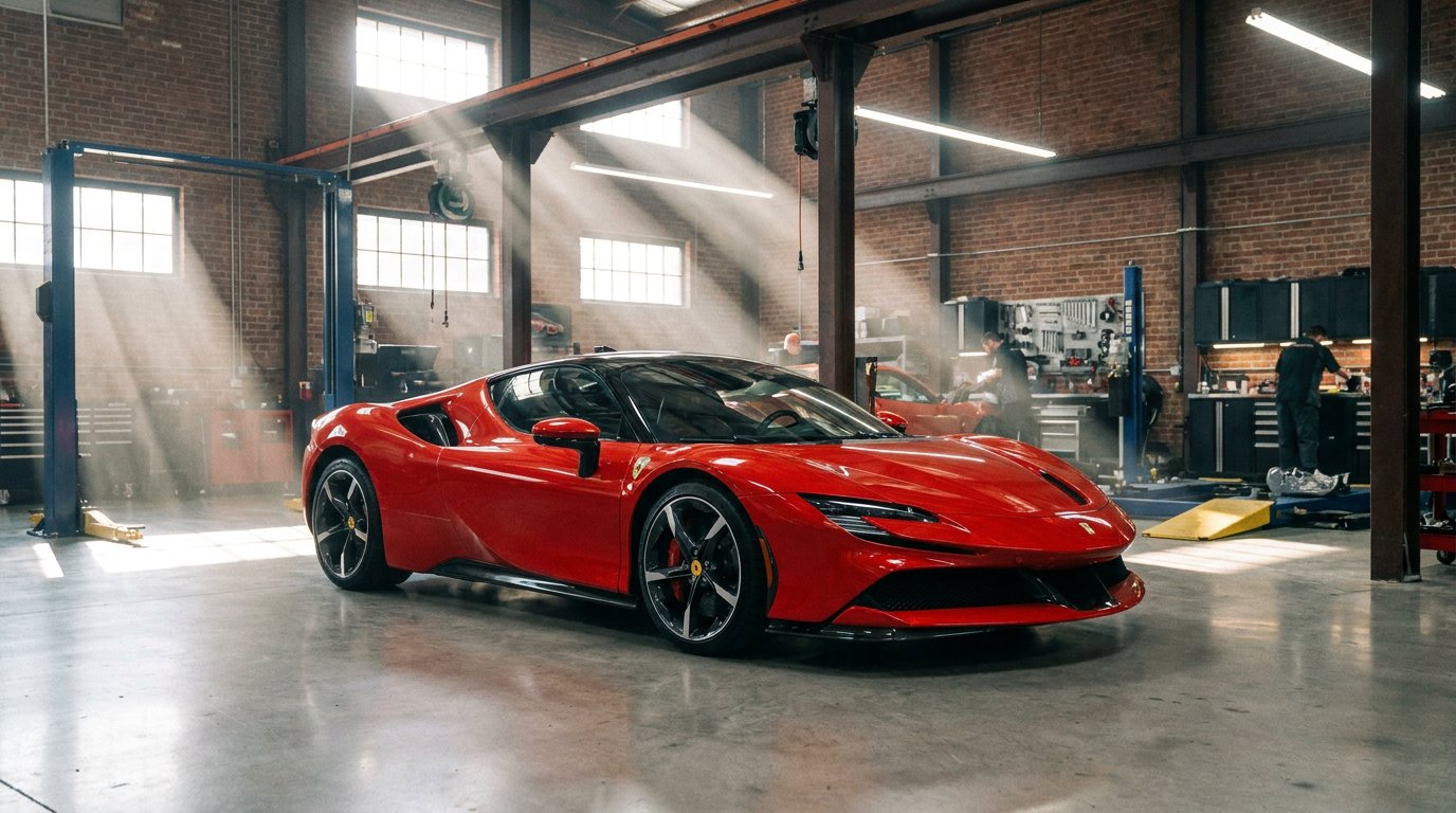 luxury red sports car inside premium automotive workshop, dramatic light, realistic photography